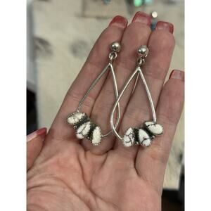Sterling Silver Wild Horse White Brown Triple Stone Hoop Post Dangle Earrings 2”